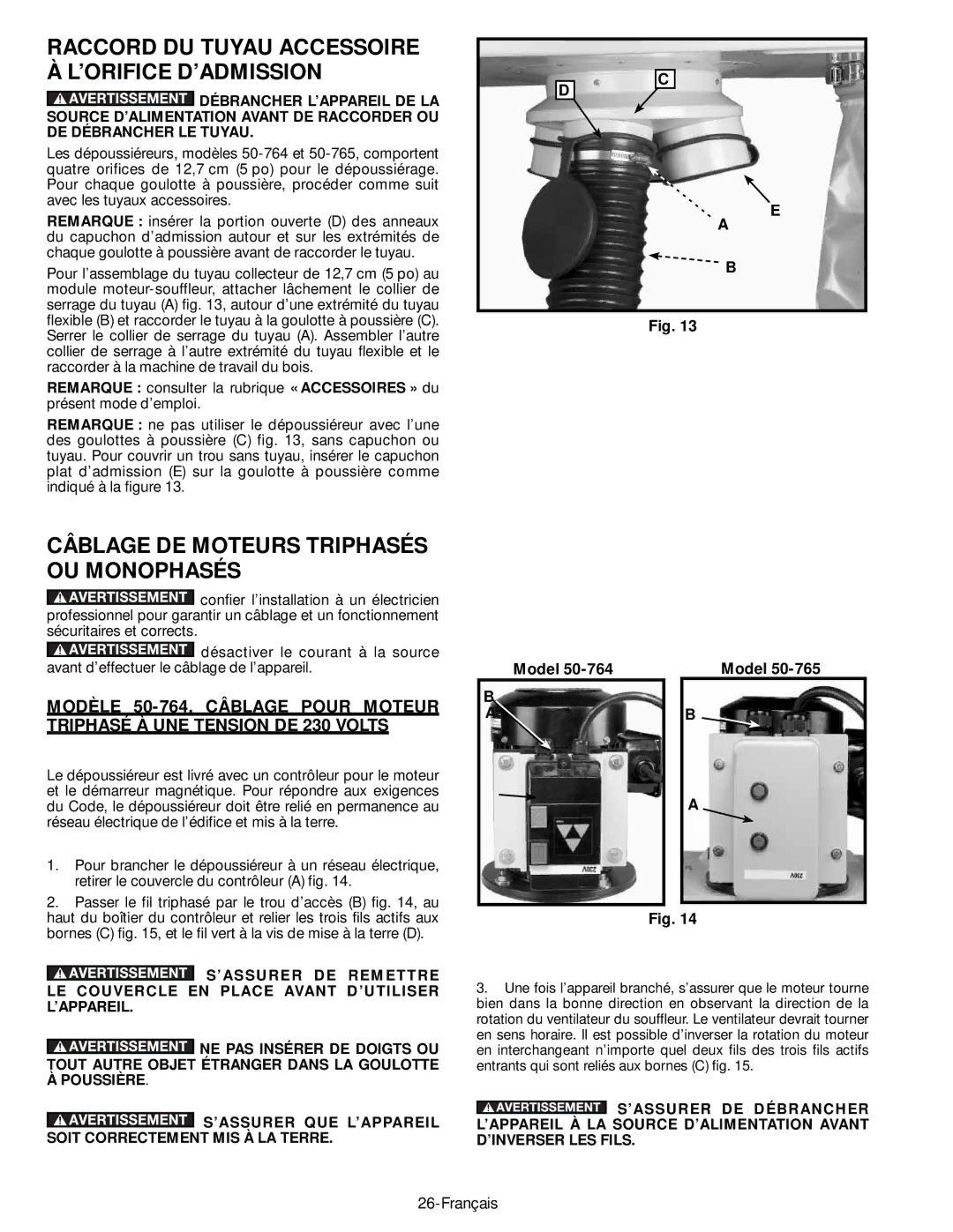 Epson 50-764 Câblage DE Moteurs Triphasés OU Monophasés, Raccord DU Tuyau Accessoire À L’ORIFICE D’ADMISSION 