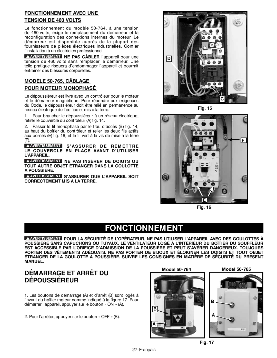 Epson 50-764 instruction manual Fonctionnement, Démarrage ET Arrêt DU, Dépoussiéreur 