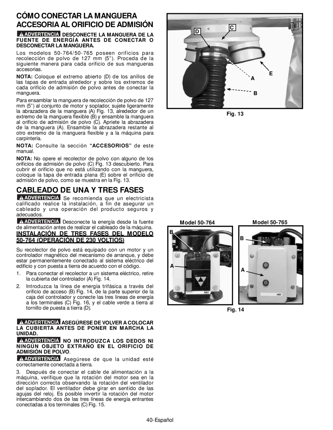 Epson 50-764 instruction manual Cableado DE UNA Y Tres Fases, Cómo Conectar LA Manguera Accesoria AL Orificio DE Admisión 