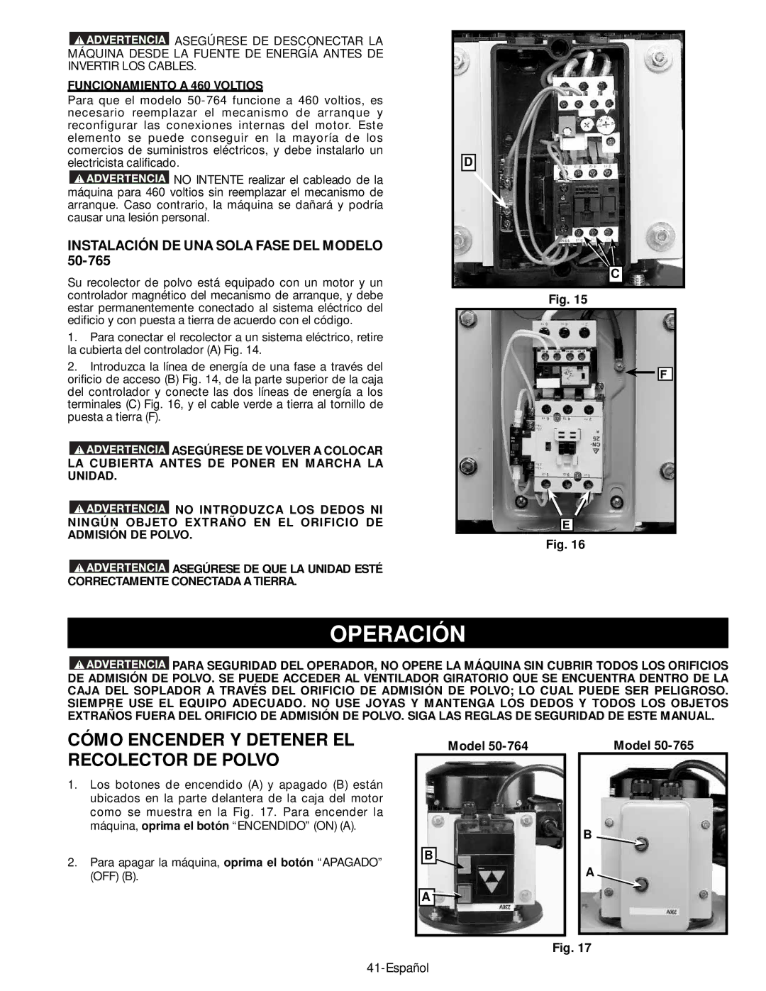 Epson 50-764 instruction manual Operación, Cómo Encender Y Detener EL Recolector DE Polvo, Funcionamiento a 460 Voltios 