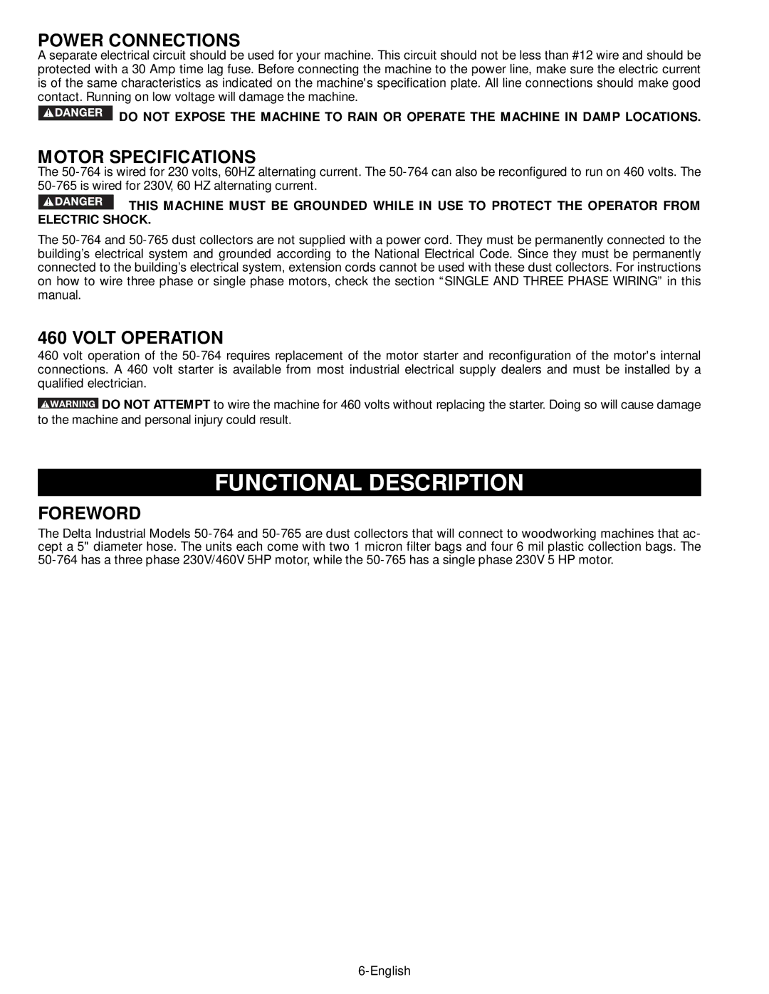 Epson 50-764 instruction manual Functional Description, Power Connections, Motor Specifications, Volt Operation, Foreword 