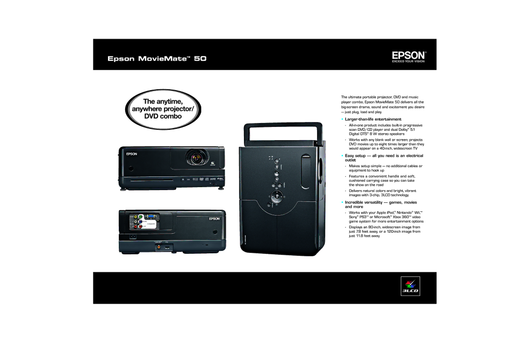 Epson 50 manual Anytime Anywhere projector DVD combo, Just plug, load and play Larger-than-life entertainment 