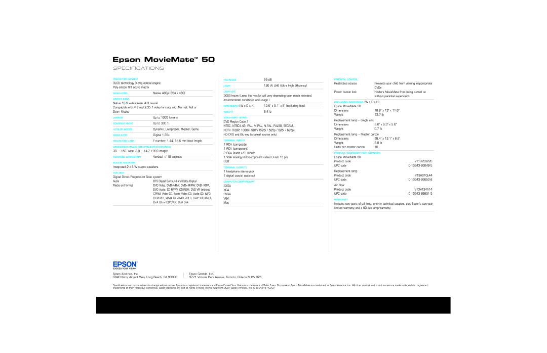 Epson 50 manual Epson MovieMate, Specifications, 29 dB, Usb, Sxga XGA Svga VGA 