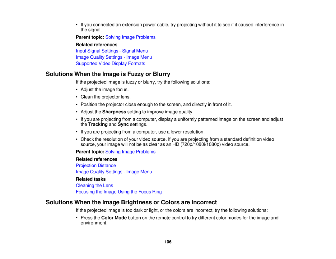 Epson 5025UB Solutions When the Image is Fuzzy or Blurry, Solutions When the Image Brightness or Colors are Incorrect 