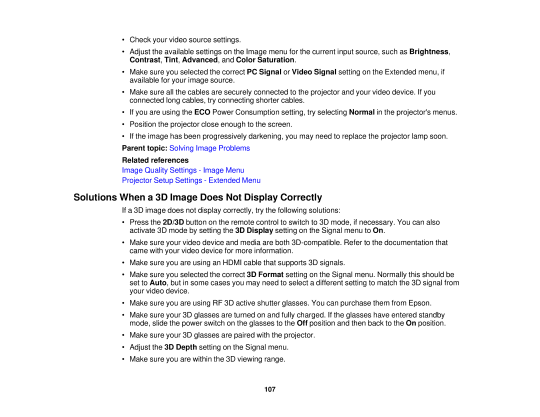 Epson 5025UB manual Solutions When a 3D Image Does Not Display Correctly 