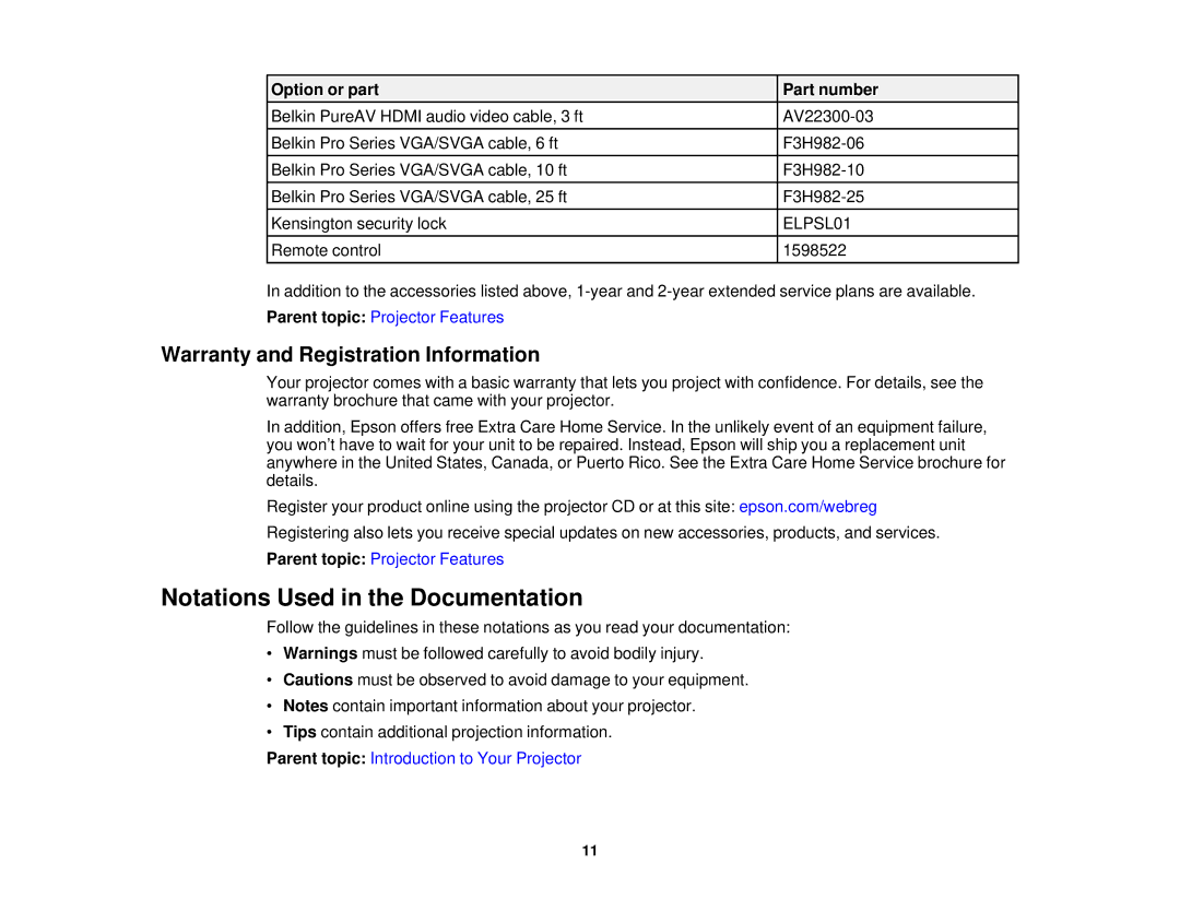 Epson 5025UB manual Notations Used in the Documentation, Warranty and Registration Information 