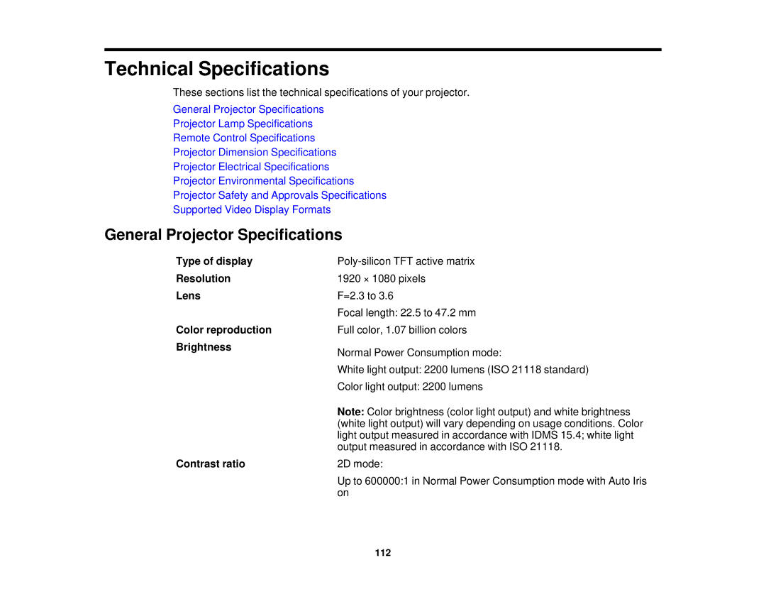 Epson 5025UB manual Technical Specifications, General Projector Specifications 