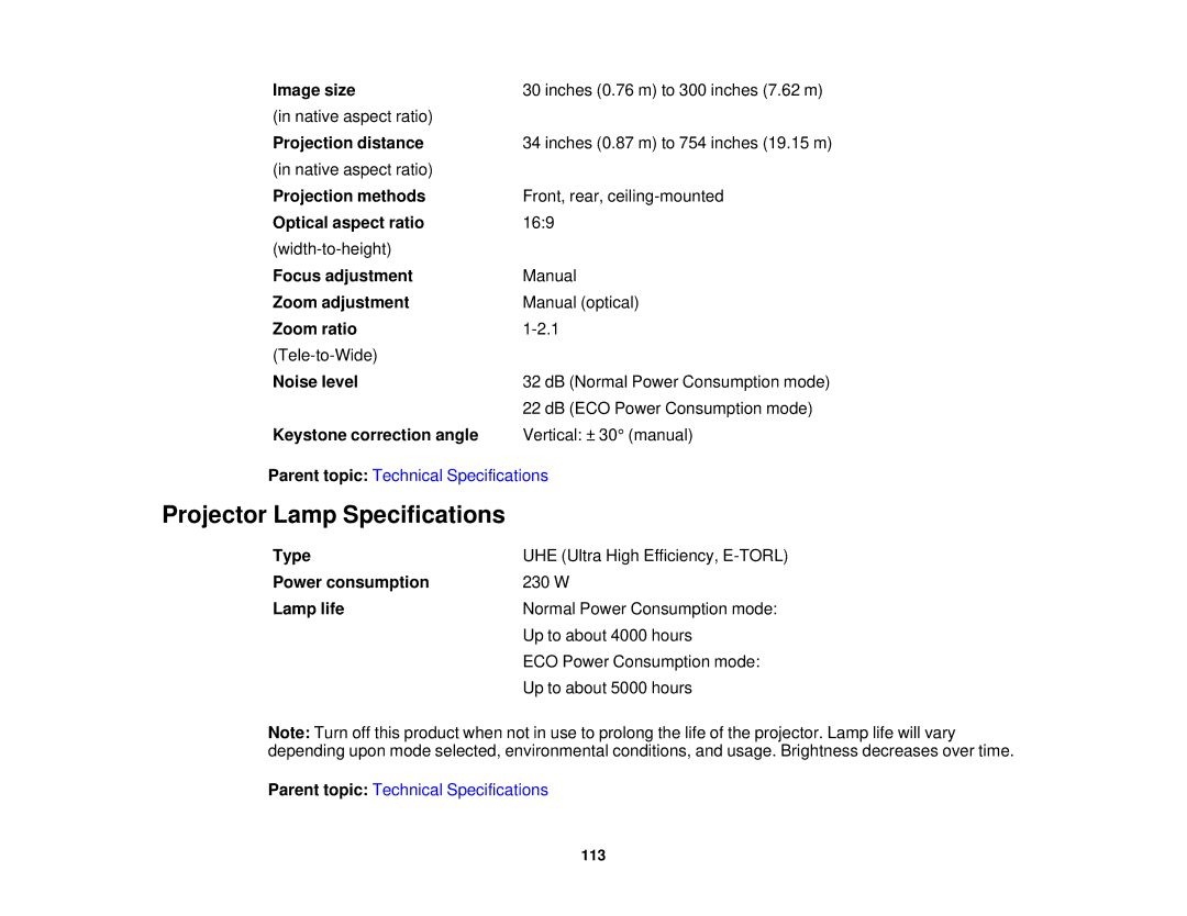 Epson 5025UB manual Projector Lamp Specifications 