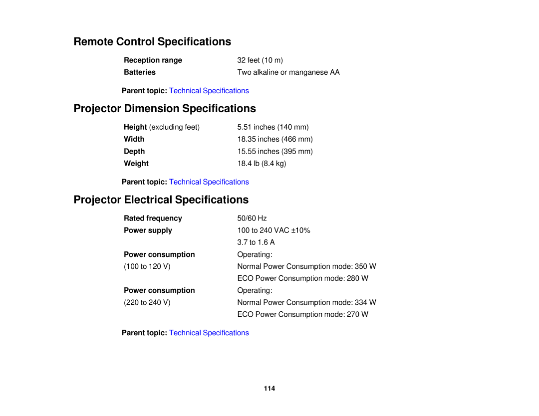 Epson 5025UB manual Remote Control Specifications, Projector Dimension Specifications, Projector Electrical Specifications 