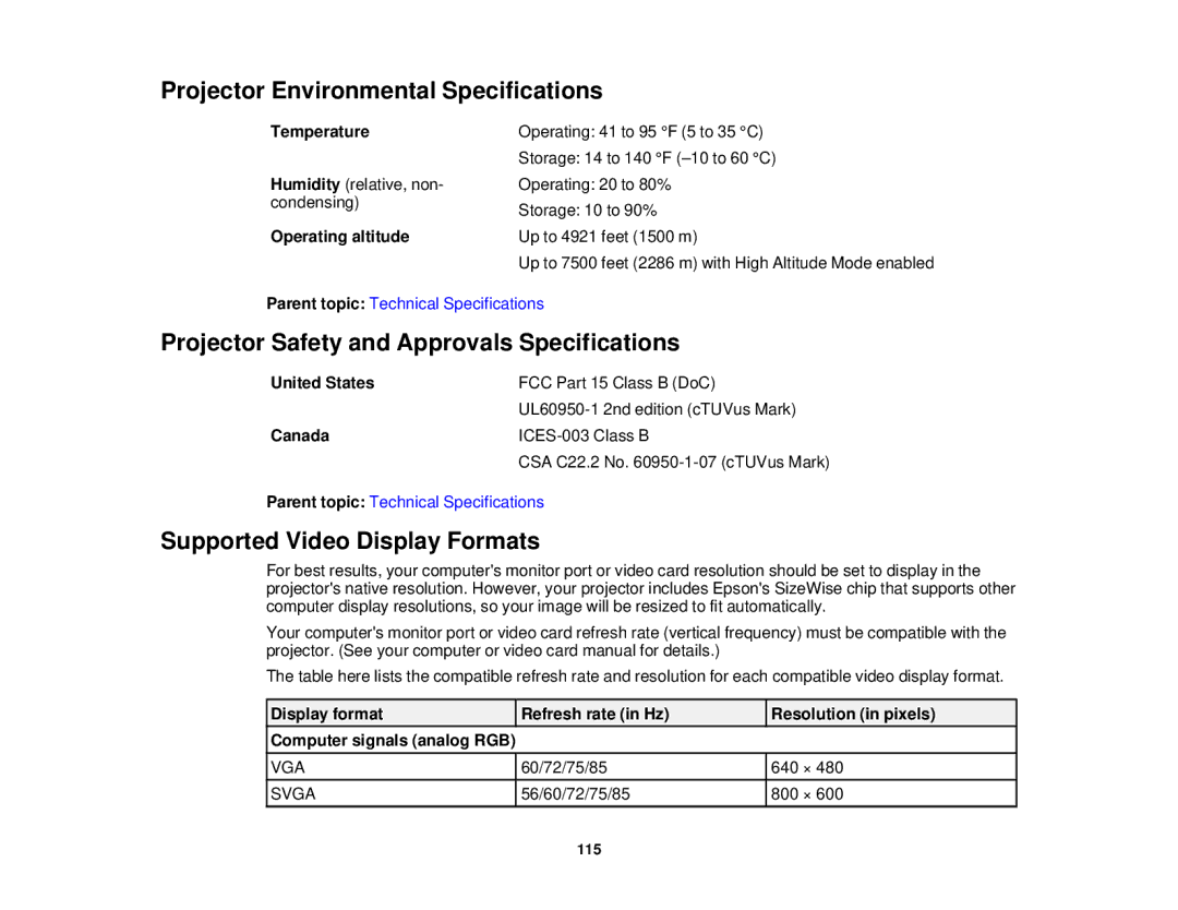 Epson 5025UB manual Projector Environmental Specifications, Projector Safety and Approvals Specifications 