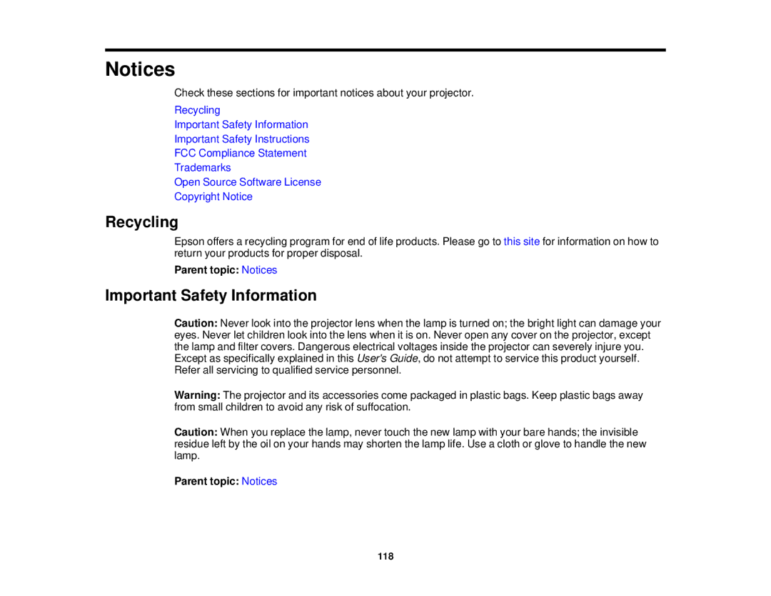 Epson 5025UB manual Recycling, Important Safety Information, Parent topic Notices 