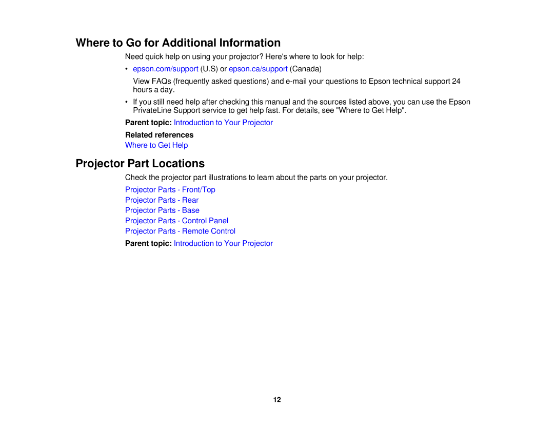 Epson 5025UB manual Where to Go for Additional Information, Projector Part Locations 