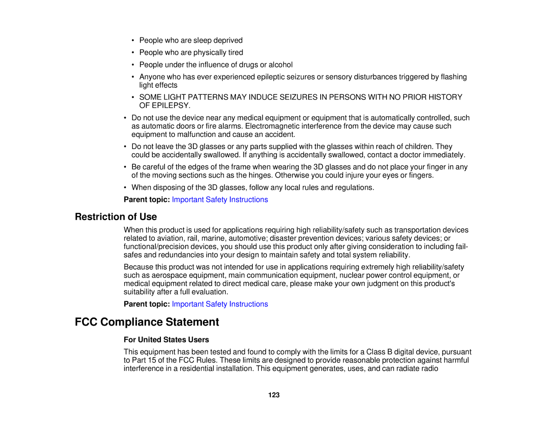 Epson 5025UB manual FCC Compliance Statement, Restriction of Use, For United States Users 