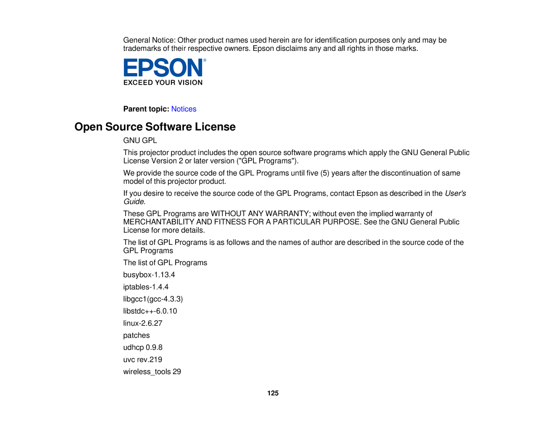 Epson 5025UB manual Open Source Software License, Gnu Gpl 