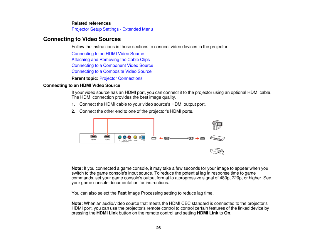 Epson 5025UB manual Connecting to Video Sources, Connecting to an Hdmi Video Source 