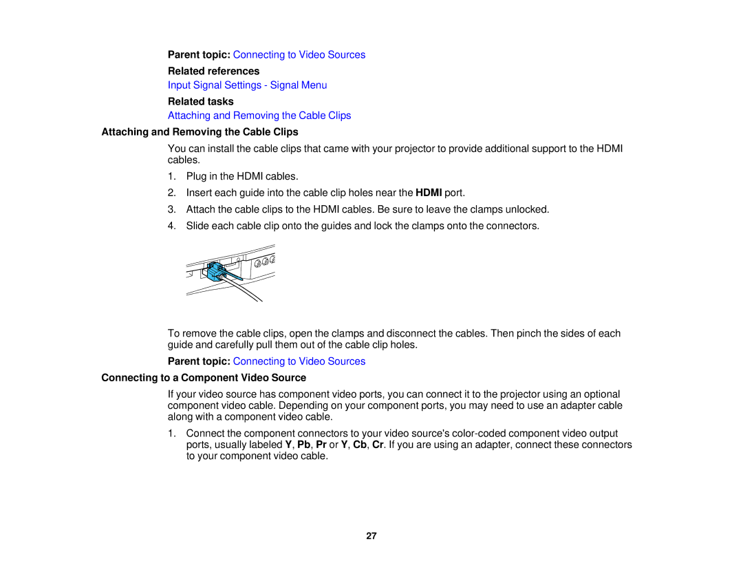 Epson 5025UB manual Attaching and Removing the Cable Clips, Connecting to a Component Video Source 