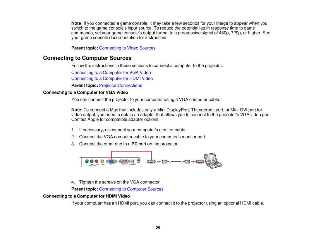 Epson 5025UB manual Connecting to Computer Sources, Connecting to a Computer for VGA Video 