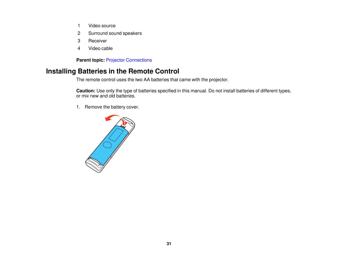 Epson 5025UB manual Installing Batteries in the Remote Control 