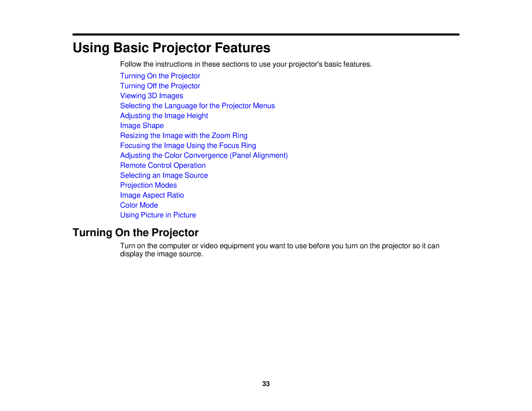 Epson 5025UB manual Using Basic Projector Features, Turning On the Projector 