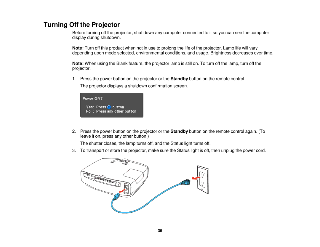 Epson 5025UB manual Turning Off the Projector 