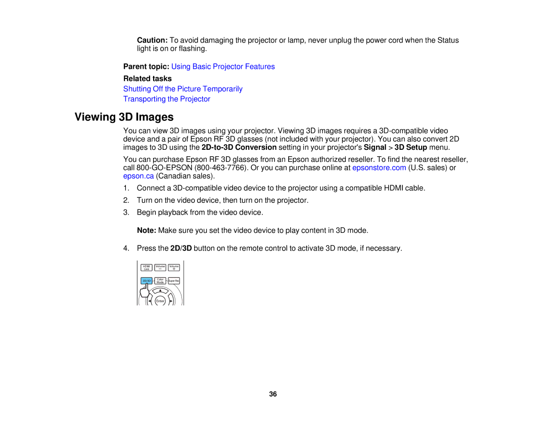 Epson 5025UB manual Viewing 3D Images, Related tasks 