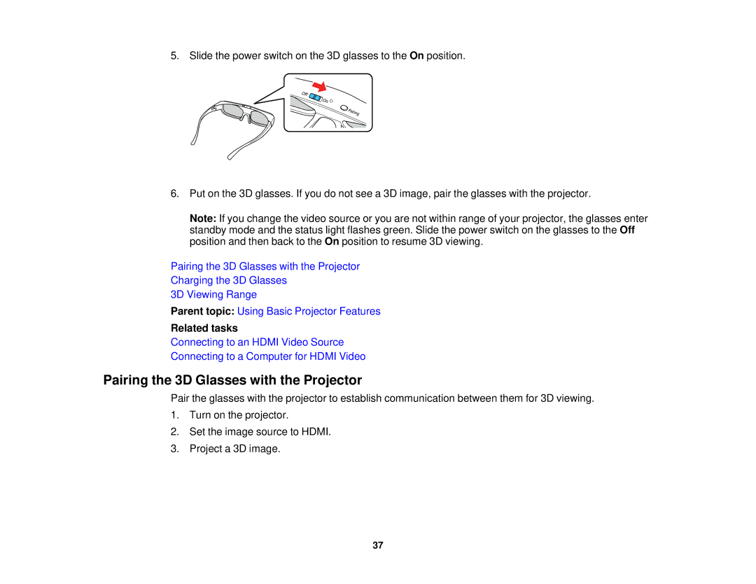 Epson 5025UB manual Pairing the 3D Glasses with the Projector 