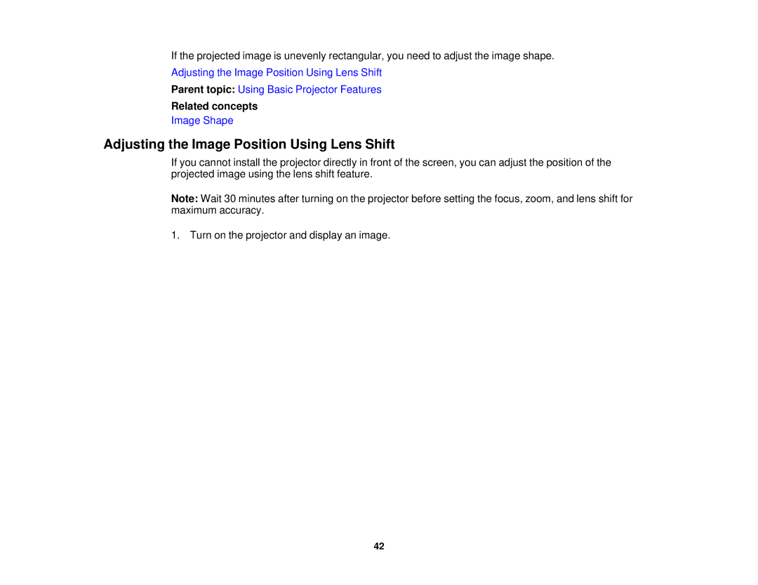 Epson 5025UB manual Adjusting the Image Position Using Lens Shift, Related concepts 