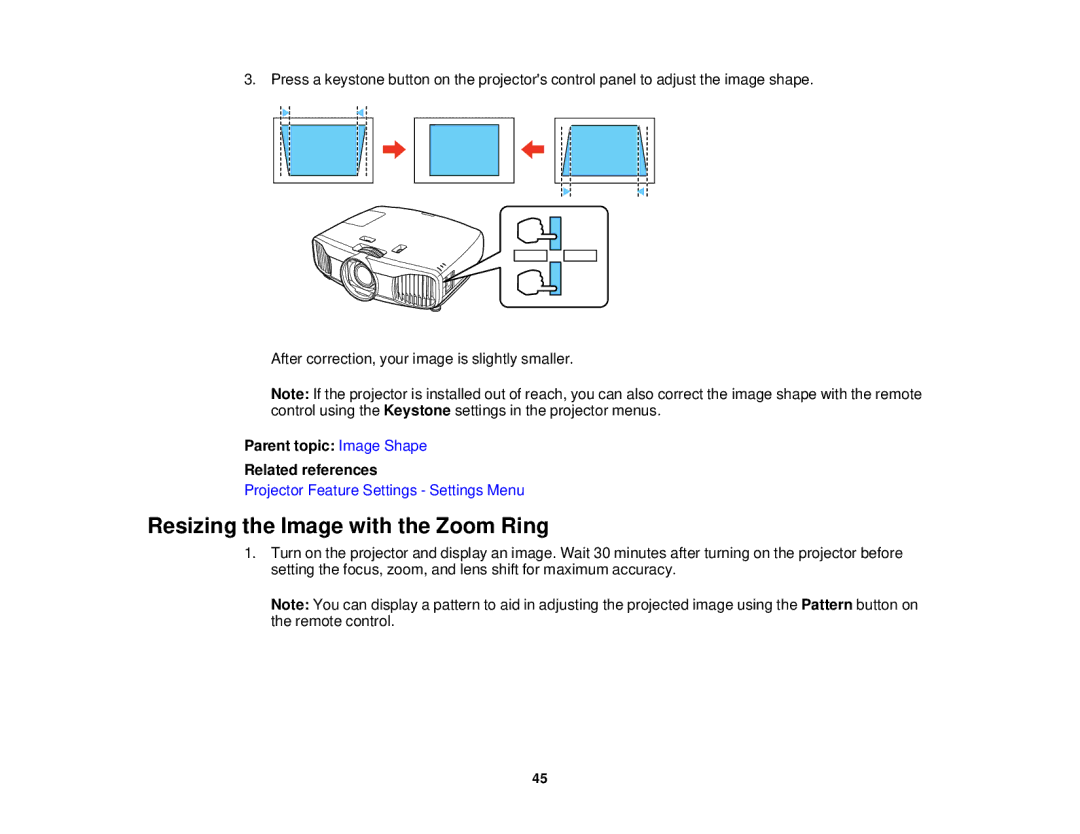 Epson 5025UB manual Resizing the Image with the Zoom Ring, Parent topic Image Shape Related references 