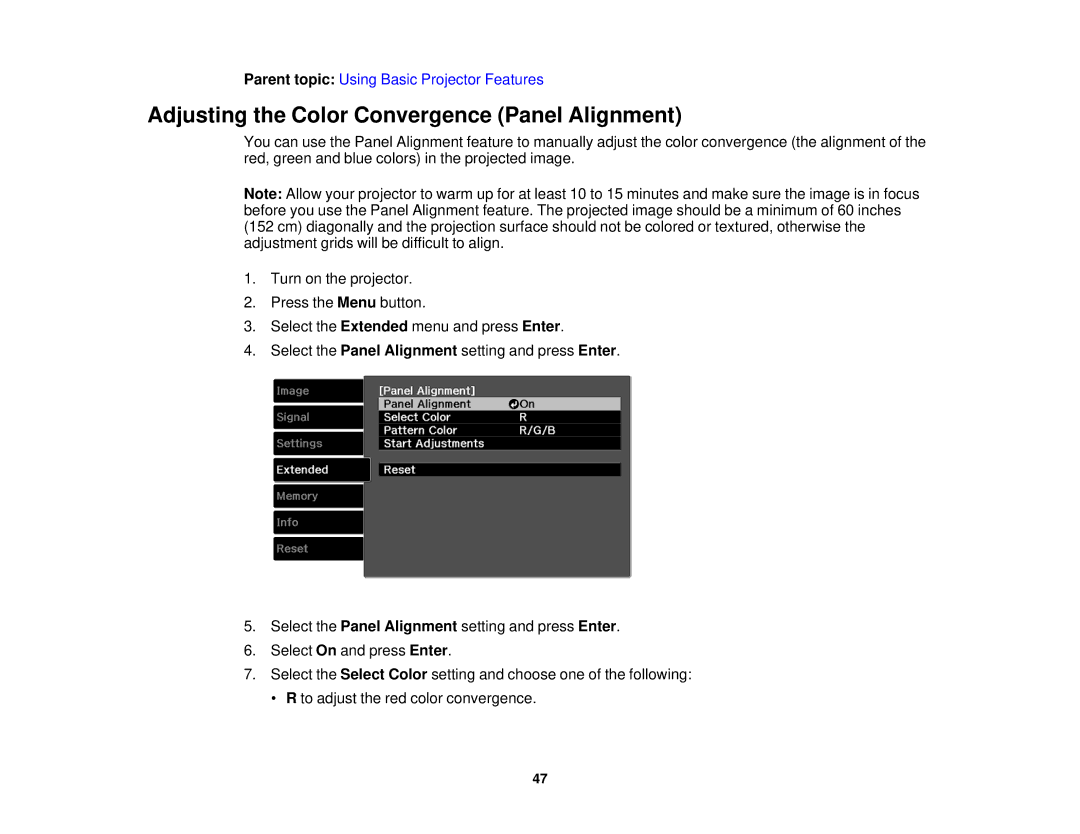 Epson 5025UB manual Adjusting the Color Convergence Panel Alignment 