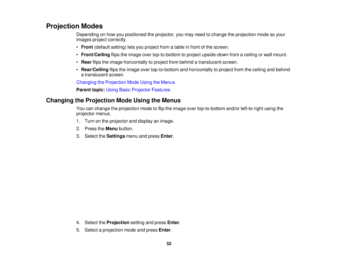 Epson 5025UB manual Projection Modes, Changing the Projection Mode Using the Menus 