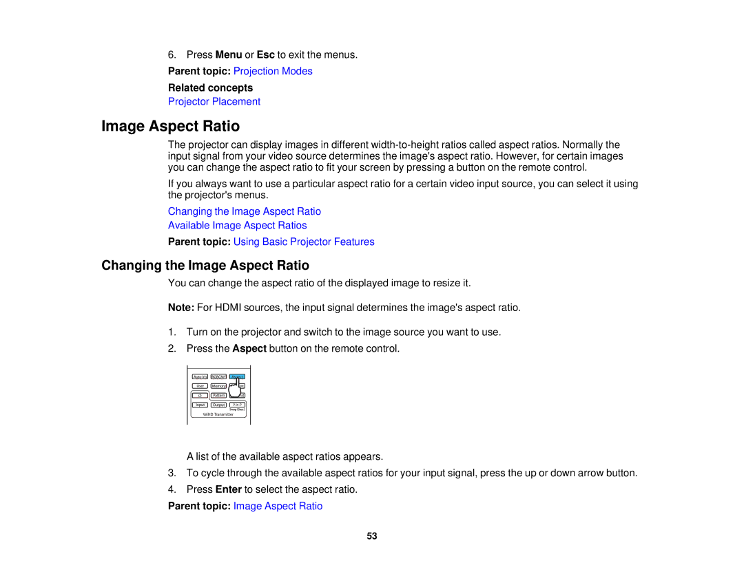 Epson 5025UB manual Changing the Image Aspect Ratio 