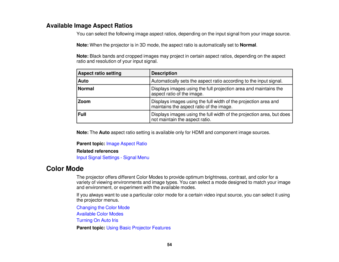 Epson 5025UB manual Color Mode, Available Image Aspect Ratios 