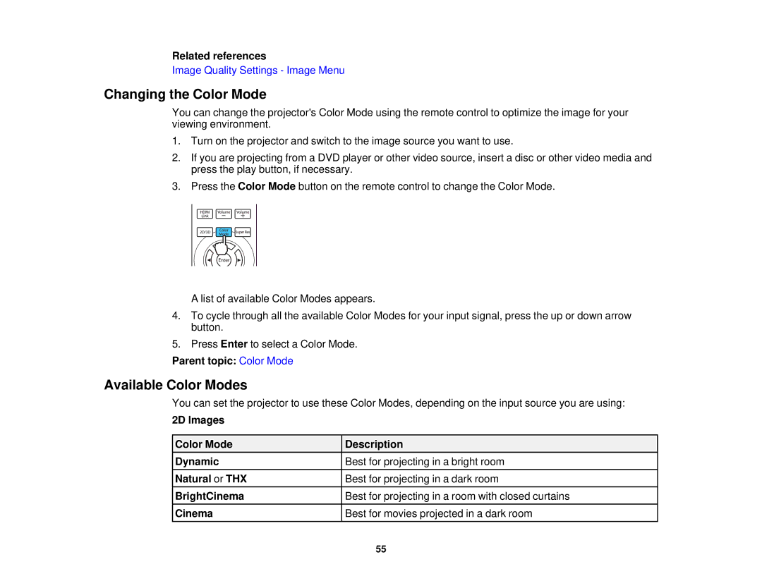 Epson 5025UB manual Changing the Color Mode, Available Color Modes, Parent topic Color Mode 