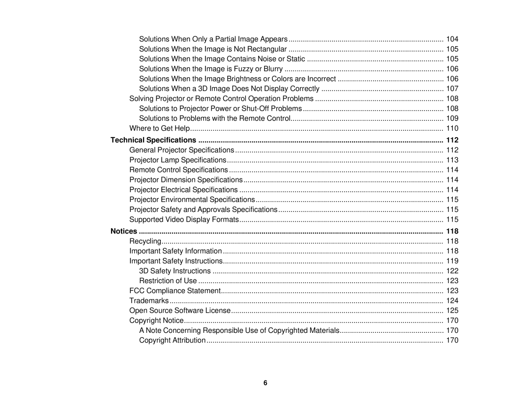 Epson 5025UB manual Technical Specifications 112, 118 