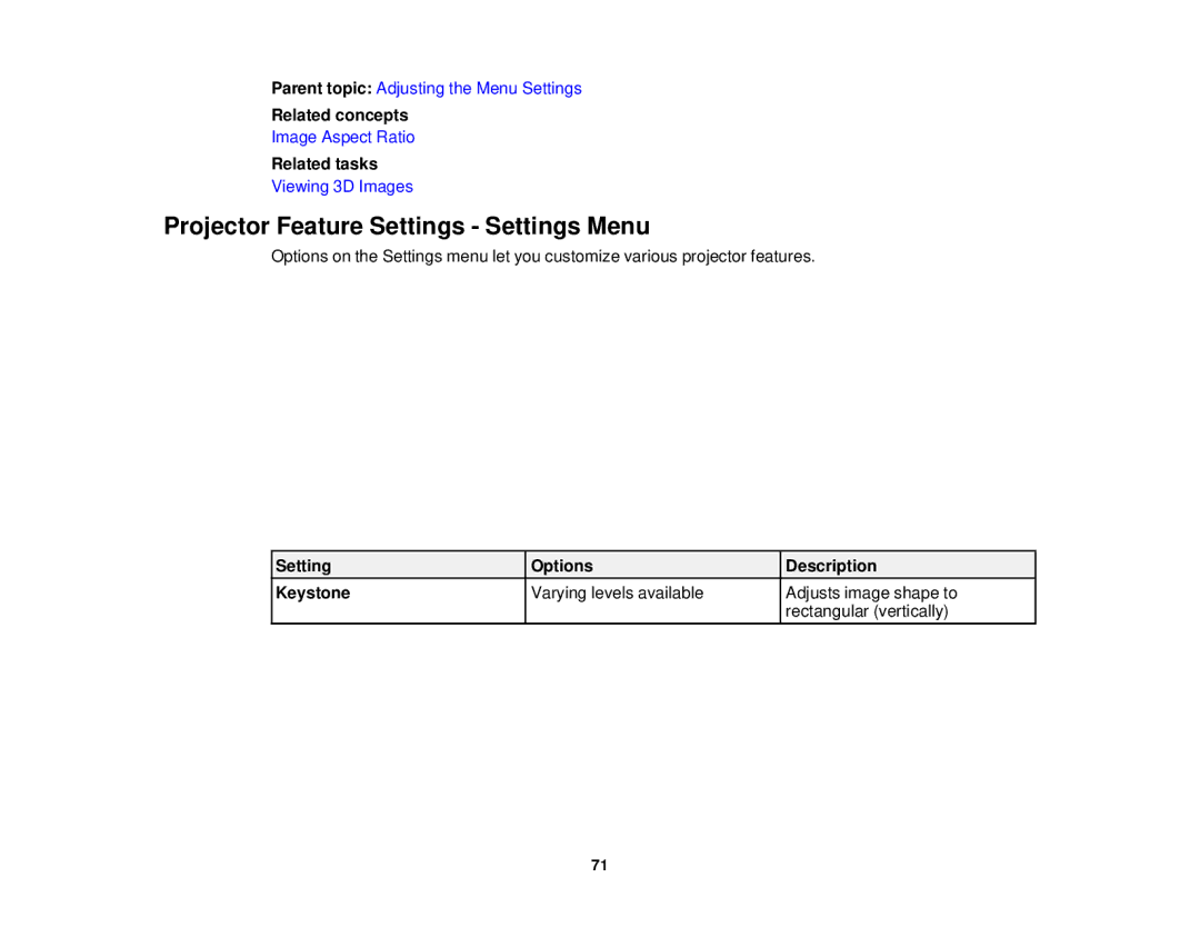 Epson 5025UB manual Projector Feature Settings Settings Menu, Related concepts 