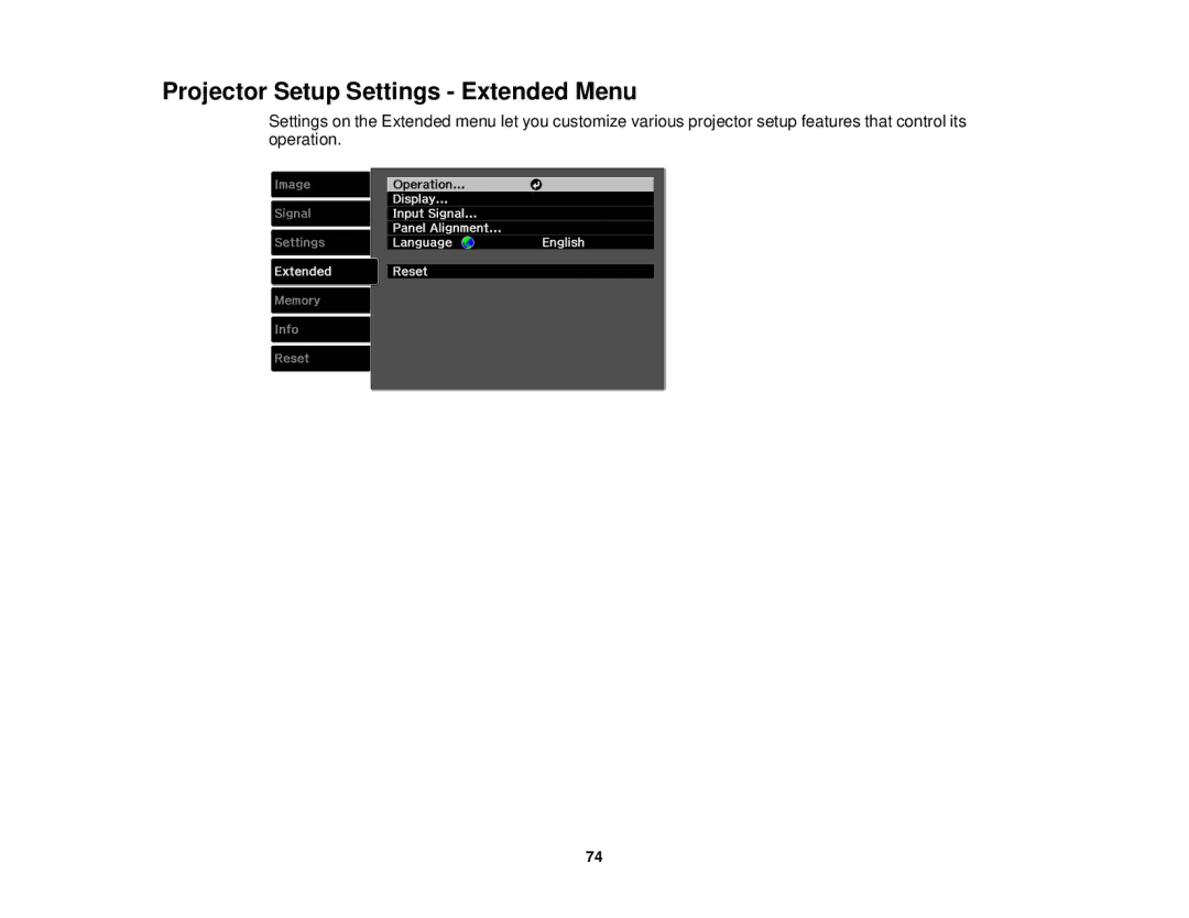 Epson 5025UB manual Projector Setup Settings Extended Menu 