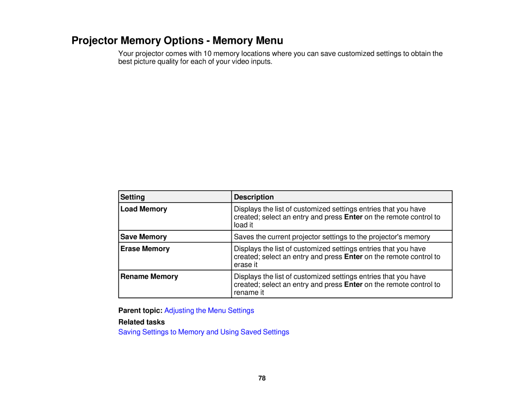 Epson 5025UB manual Projector Memory Options Memory Menu, Setting Description Load Memory, Save Memory, Erase Memory 