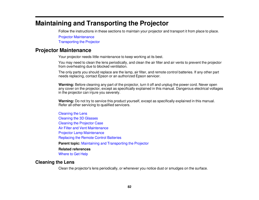 Epson 5025UB manual Projector Maintenance, Cleaning the Lens 