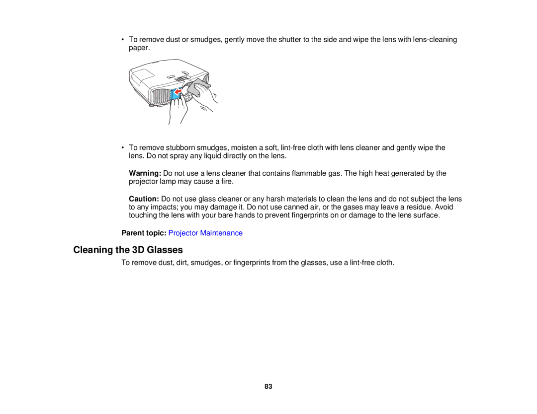 Epson 5025UB manual Cleaning the 3D Glasses 