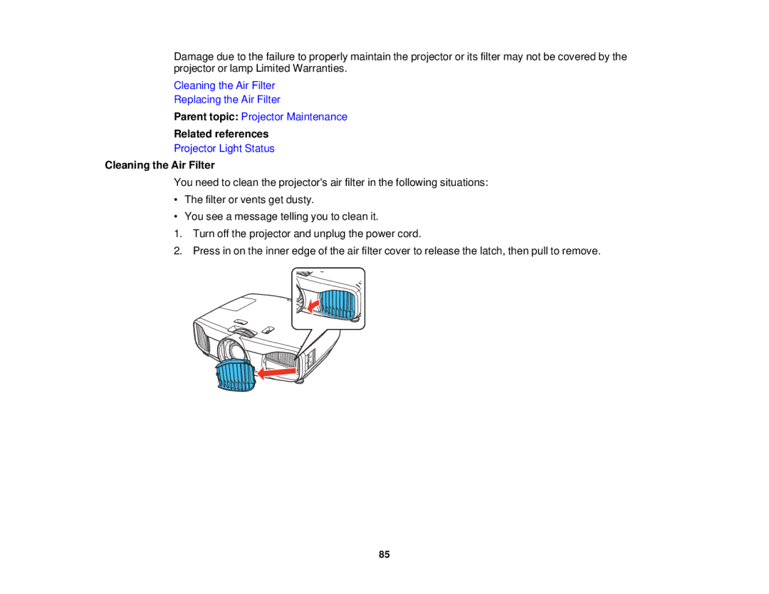 Epson 5025UB manual Related references, Cleaning the Air Filter 