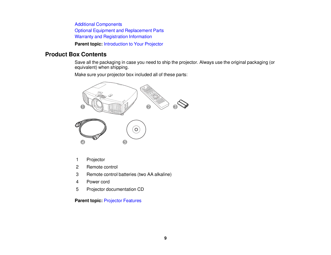 Epson 5025UB manual Product Box Contents 