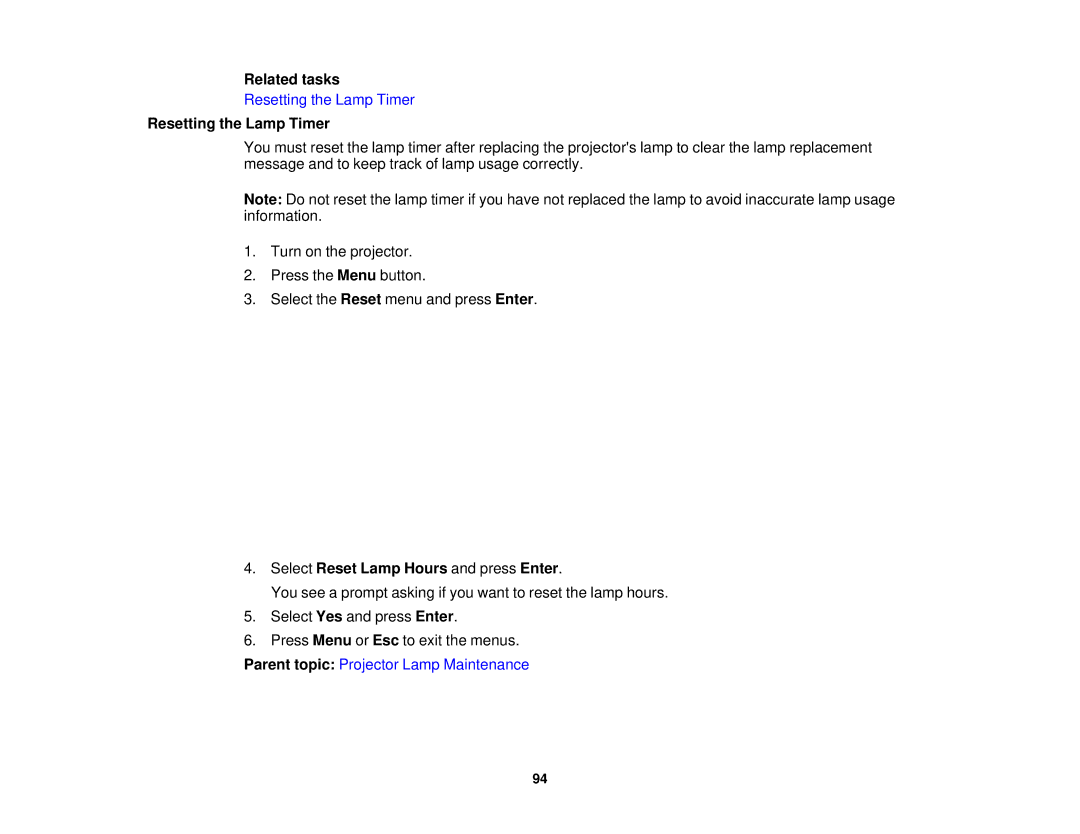 Epson 5025UB manual Resetting the Lamp Timer, Select Reset Lamp Hours and press Enter 