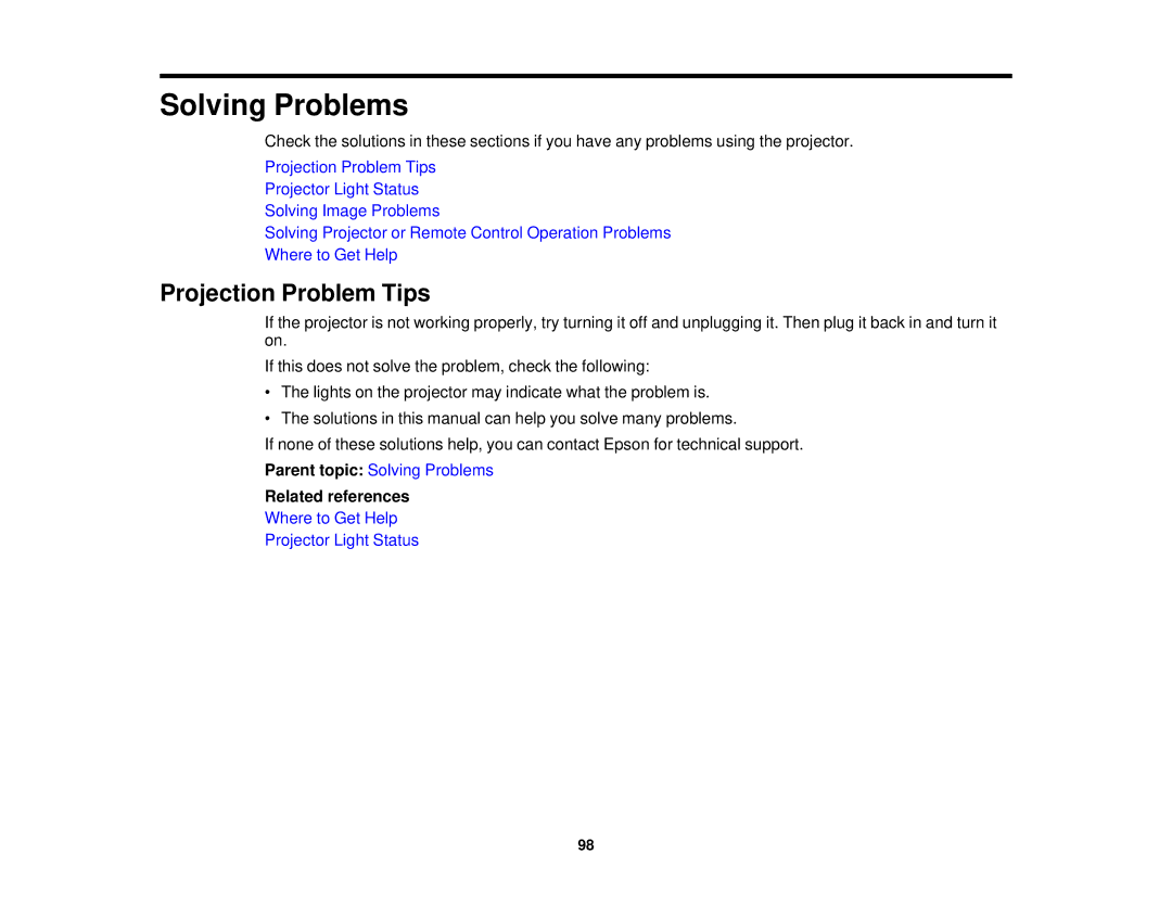 Epson 5025UB manual Solving Problems, Projection Problem Tips 