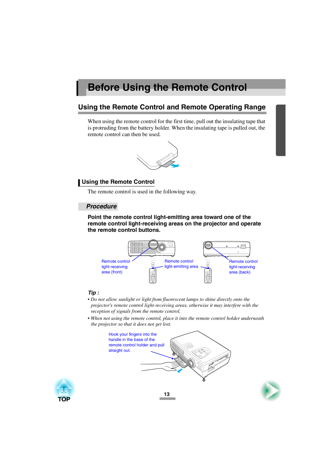 Epson 52 manual Before Using the Remote Control, Using the Remote Control and Remote Operating Range 