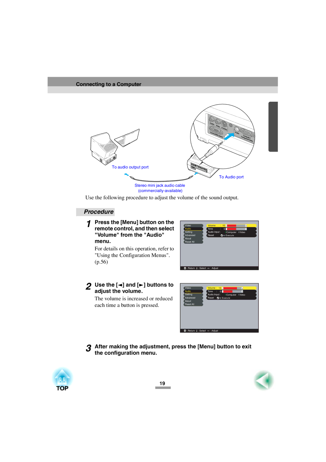 Epson 52 manual Use the and buttons to adjust the volume 