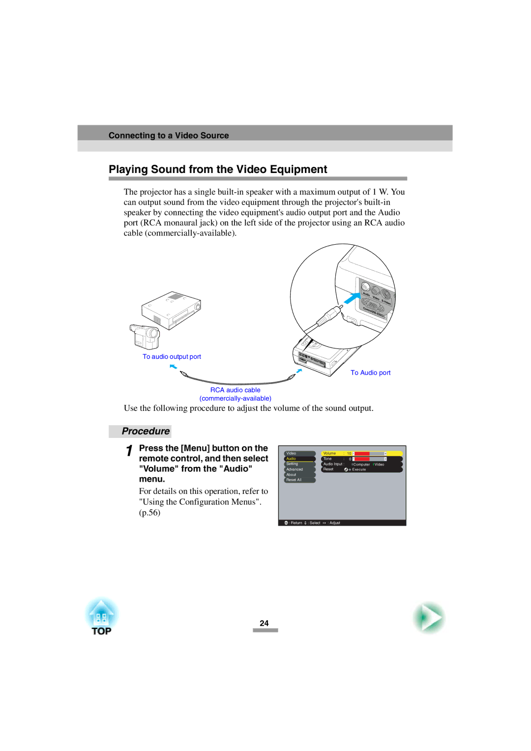 Epson 52 manual Playing Sound from the Video Equipment 