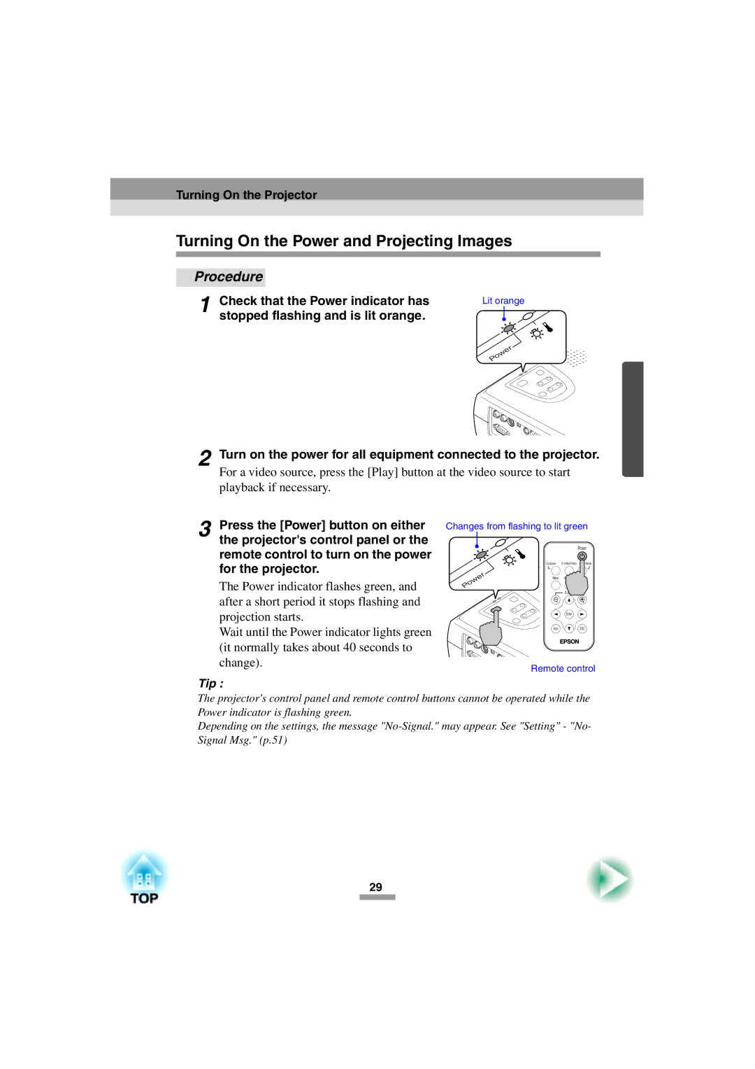 Epson 52 manual Turning On the Power and Projecting Images, Check that the Power indicator has 