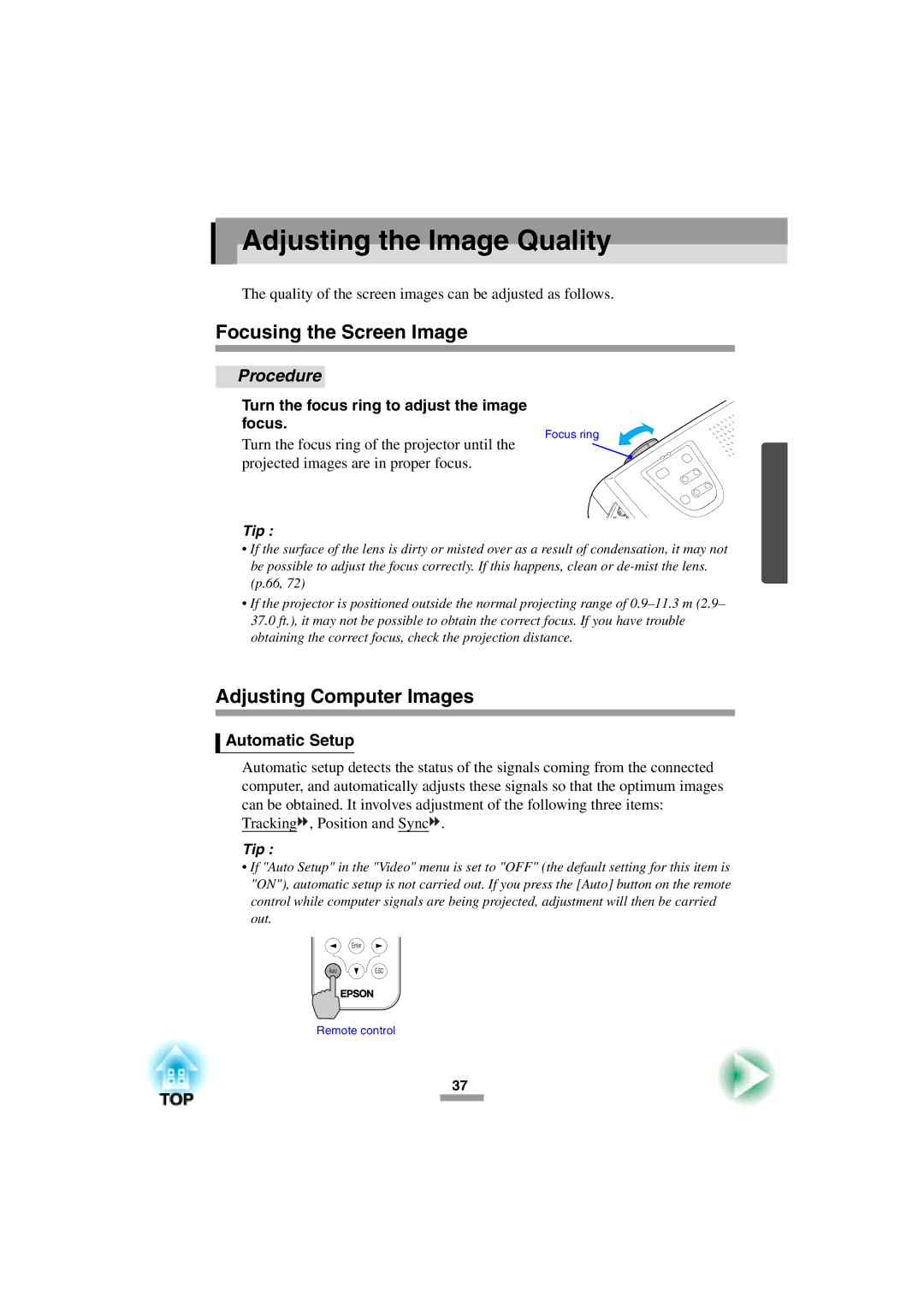 Epson 52 manual Adjusting the Image Quality, Focusing the Screen Image, Adjusting Computer Images, Automatic Setup 