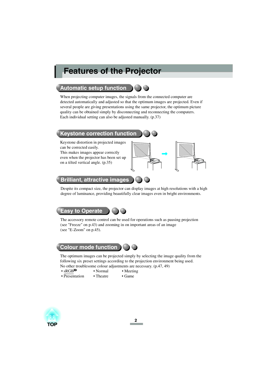 Epson 52 manual Features of the Projector, Automatic setup function 