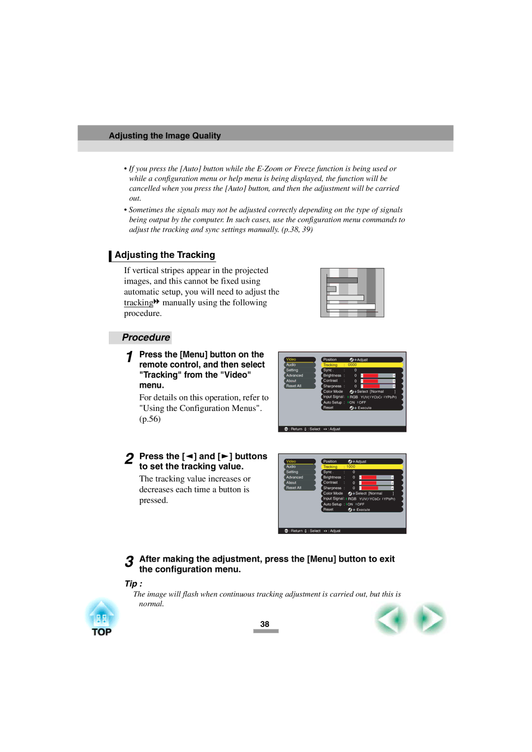 Epson 52 manual Adjusting the Tracking, Press the and buttons to set the tracking value 